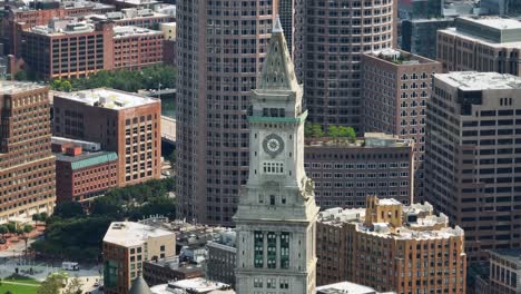 Drone-shot-of-Boston's-Custom-House-Tower-amid-the-city-landscape