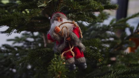 Hanging-Old-Classic-Santa-Claus-on-Green-Christmas-Tree-Daylight