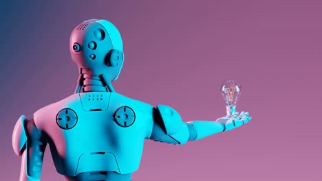 Futuristischer-Roboter,-Der-Eine-Glühbirne-Auf-Einem-Violetten-Hintergrund-Mit-Farbverlauf-Hält
