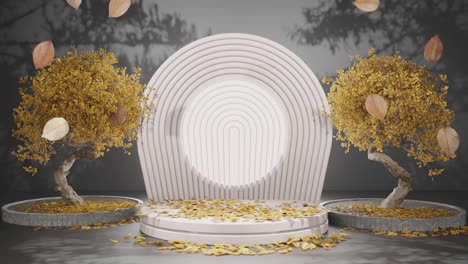 Autumnal-Serenity:-Sculptural-Trees-Amidst-Circular-White-Benches-black-background-podium-mockup-product