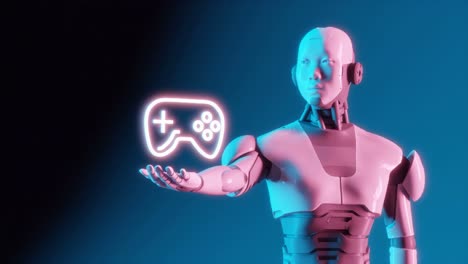Technikbegeisterte-Evolution:-Roboter-Präsentiert-Einen-Neonfarbenen-Gamecontroller