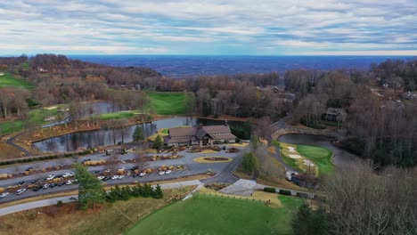 Aerial-view-of-the-Clubhouse-at-the-Cliffs-at-Glassy-Mountain-Golf-Course,-Landrum,-SC