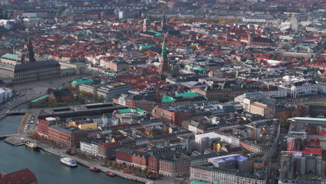 Tight-aerial-shot-over-Central-Copenhagen-Spires