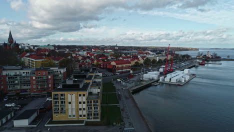 Industrial-Port-And-Landmarks-In-Urban-Area-Of-Vastervik-In-Kalmar,-Sweden