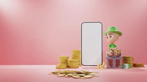 Digitales-Vermögen:-Koboldfigur-Mit-Goldmünzen-Und-Rotem-Smartphone-Hintergrund