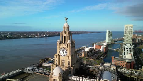 Liver-Bird-close-approach-by-drone-on-a-sunny-morning,-Liverpool-waterfront-backdrop