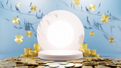 Blühender-Wohlstand:-Goldene-Münzen-Und-Kleeblätter-Umgeben-Ein-Weißes,-Kreisförmiges,-Blaues-Hintergrundmodell