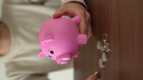 Vertical-shot-of-a-person-holding-a-piggy-bank-and-keeping-money-in-it