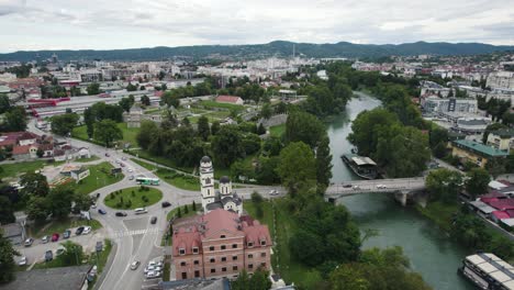 Banja-Luka-Bosnia-and-Herzegovina-town-with-famous-Cathedral,-aerial-view