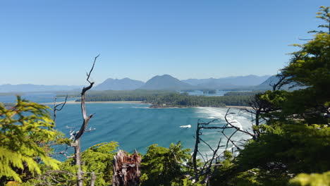 Erhöhter-Blick-über-Den-Cox-Beach-Auf-Vancouver-Island,-Wellen-Am-Ufer,-Sonniger-Tag,-Laub-Im-Vordergrund,-Handgeführte-Seitenbewegung