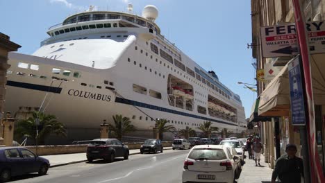 Columbus-Cruise-Ship-Moored-In-The-Grand-Harbour-In-Valletta,-Shot-From-The-Street