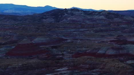 Aerial-Colourful-Mesa-Of-Bentonite-Hills-In-Hankesville-During-Twilight