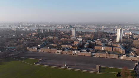 Aerial-of-Royal-Artillery-Barracks,-London-Skyline-and-the-River-Thames