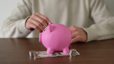 Person-saving-silver-coins-in-a-pink-piggybank