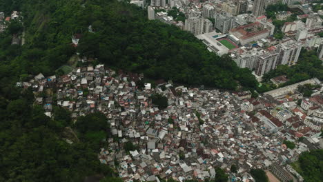 Aerial-view-of-Rio-favelas-in-Copacabana-contrast-of-urban-architecture,-Slums-and-urban-cityscape-contrast,-Rio-de-Janeiro,-Brazil