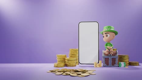 Digital-Fortune:-Leprechaun-Figurine-with-Gold-Coins-and-Smartphone-purple-background