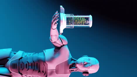 Futuristischer-Roboter,-Der-Biotechnologisch-Hergestellte-Pflanzenproben-Vertikal-Präsentiert