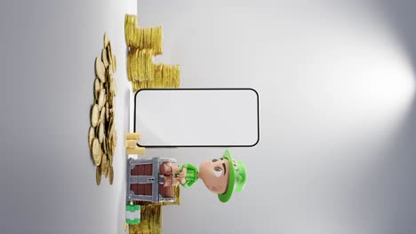 Ein-Digitales-Vermögen:-Koboldfigur-Mit-Goldmünzen-Und-Weißem-Smartphone-Hintergrund-Vertikal