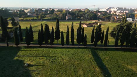 Aerial-high-angle-dolly-to-Appian-Way-road-lined-with-trees-in-lush-countryside-of-Rome