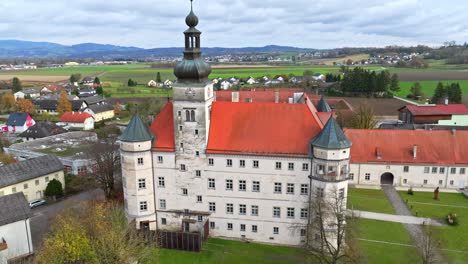 Hartheim-Castle---Hartheim-Killing-Centre-In-Alkoven,-Upper-Austria---Drone-Shot