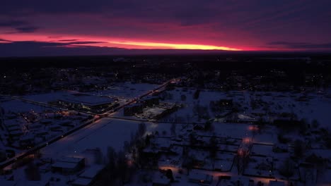 Flying-through-Small-Town,-Paradise-Sky-Winter