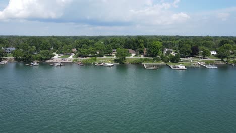 Boat-piers-on-coast-of-Grosse-Ile,-Detroit-River,Trenton-Michigan,-USA