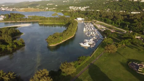 Tilt-up-drone-shot-of-yachts-at-American-Memorial-Park