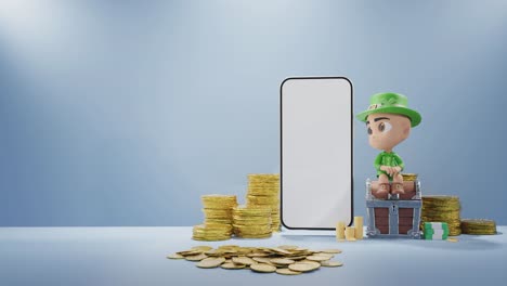 Digitales-Vermögen:-Koboldfigur-Mit-Goldmünzen-Und-Blauem-Smartphone-Hintergrund