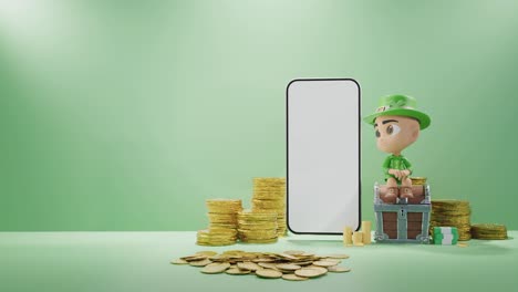 Digital-Fortune:-Leprechaun-Figurine-with-Gold-Coins-and-Smartphone-green-background