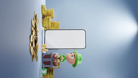 Ein-Digitales-Vermögen:-Koboldfigur-Mit-Goldmünzen-Und-Blauem-Smartphone-Hintergrund-Vertikal
