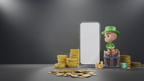 Digital-Fortune:-Leprechaun-Figurine-with-Gold-Coins-and-Smartphone-black-background