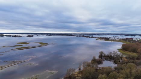 Aerial-establish-of-flooded-grass-plains-and-leafless-trees,-water-reflects-cloudy-sky
