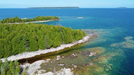 Dolly-In,Shot-Green-Pines-Trees-on-the-Coast-of-Lake-Huron-in-Georgian-Bay
