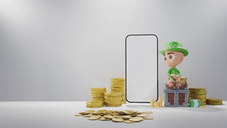 Digitales-Vermögen:-Koboldfigur-Mit-Goldmünzen-Und-Weißem-Smartphone-Hintergrund
