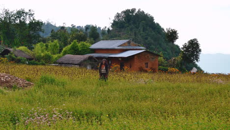 Abuela-Nepalí-En-Granja-De-Mijo-Y-Casa-Tradicional-Con-Drones-Disparados-4k