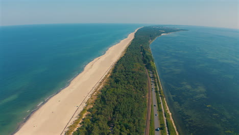 Top-drone-view-above-the-Hel-penisula-in-Poland-with-beach,-sand-and-baltic-sea-in-the-background-at-sunny-summer-day