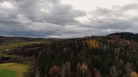 Revealing-colourful-autumn-forest-in-Poland-on-cloudy-day,-aerial-panorama