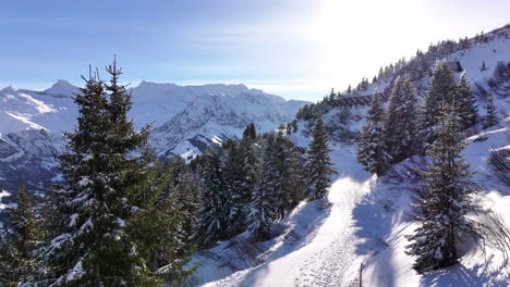 Trail-of-footsteps-over-a-snowy-mountain-path-on-a-bright-sunny-winter-day-in-Adelboden