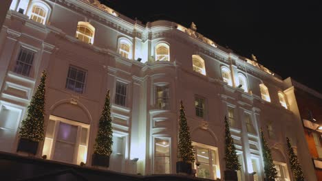 Irische-Architektur,-Geschmückt-Mit-Weihnachtsbäumen-Im-Winter-Entlang-Der-Straße-In-Der-Nacht-In-Dublin,-Irland