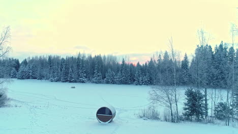 Frozen-winter-wonderful-landscape,-lonely-cabin-in-forest-snowy-tree-woods-in-wilderness