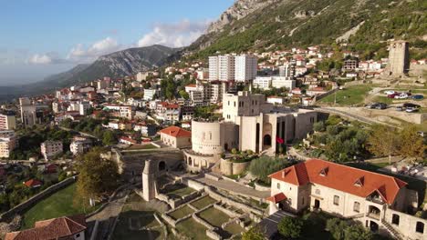 Aerial-360-of-the-castle-of-Kruje,-National-History-Museum,-Kruja-Museum-and-landscape,-Albania,-Europe