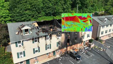 Thermal-drone-camera-scanning-collapsed-roof-after-house,-apartment-fire