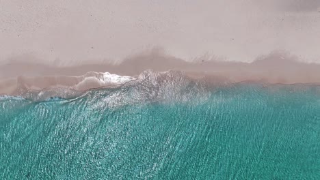 The-drone-is-flying-topdown-going-up-above-the-shorline-with-crystal-clear-aqua-blue-water-ocean-and-a-white-beach-in-Curacao-Aerial-Footage-4K