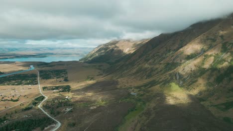 Drone-of-Twizel-Mountian-Range-with-clouds-in-New-Zealand