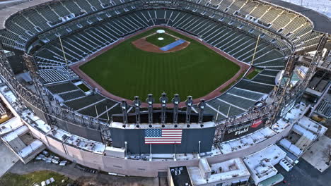 Aerial-view-over-the-Guaranteed-Rate-Field,-sunny,-winter-morning-in-Chicago