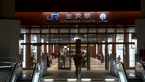 Front-of-JR-Kanazawa-Station-East-glass-entrance,-public-transport-in-Japan