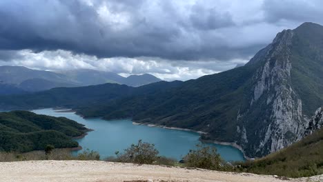 The-Bovilla-reservoir-and-Lake-Bovilla-under-an-overcast-sky,-Albania,-Europe