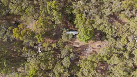 Overhead-drone-shot-of-Tiny-cabin-in-a-forest