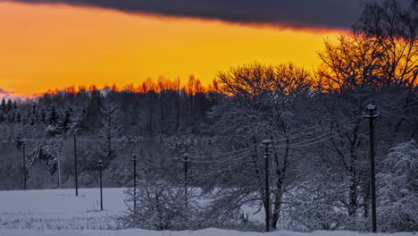 Golden-sunset-between-a-snowy-forest-and-a-layer-of-clouds---time-lapse