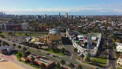 Aerial-footage-approaching-Luna-Park-Melbourne-next-to-St-Kilda-Beach